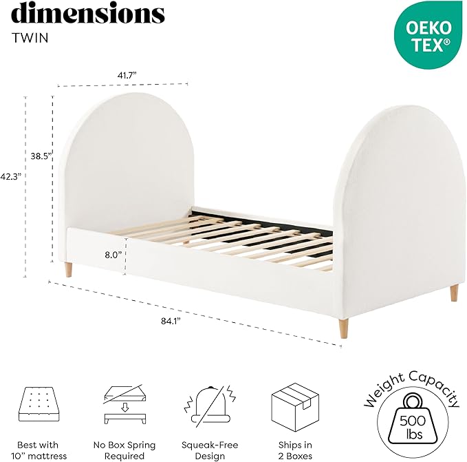 DG Casa Boucle Cloud Daybed Frame with Arched Side Panels, Upholstered in Cream White Fabric, Twin Platform Bed Frame with Solid Wood Legs – Boho or Modern Style – No Box Spring Needed