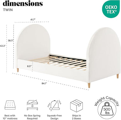 DG Casa Boucle Cloud Daybed Frame with Arched Side Panels, Upholstered in Cream White Fabric, Twin Platform Bed Frame with Solid Wood Legs – Boho or Modern Style – No Box Spring Needed