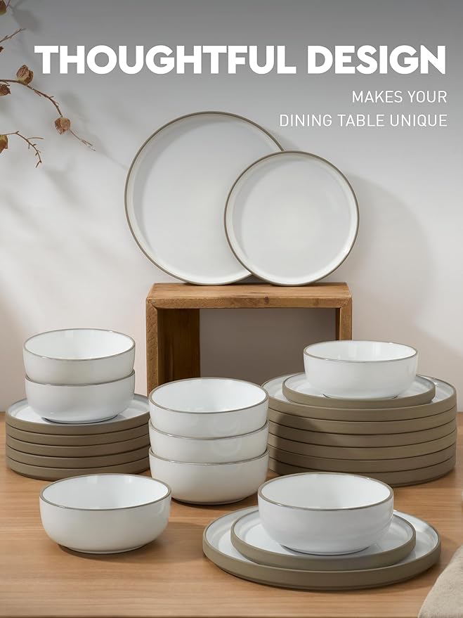 Famiware Nature Plates and Bowls Set, 24 Pieces Dinnerware Sets, Dishware Sets, Dishes Set for 8, Microwave and Dishwasher Safe, Snowy White