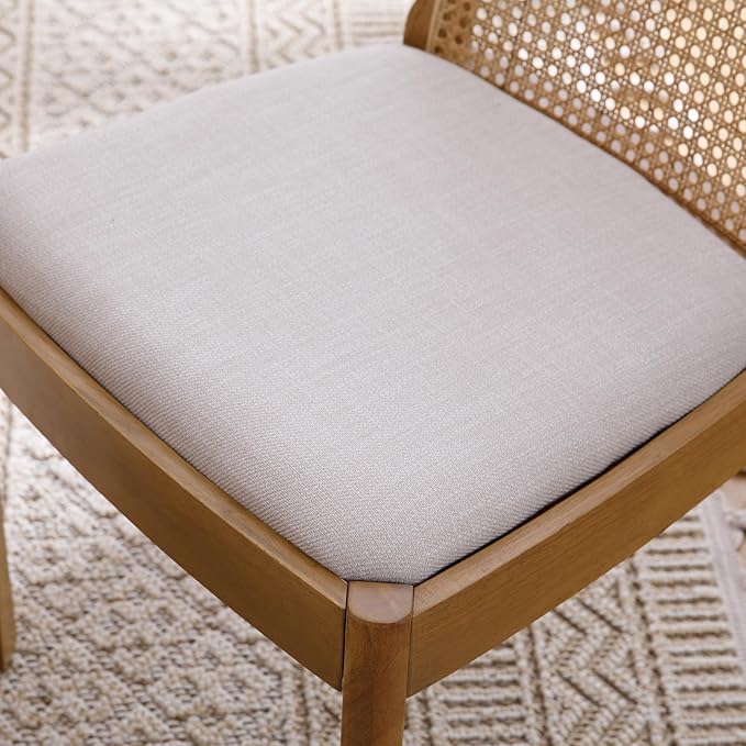 Upholstered Wooden Dining Chairs Set of 2, Farmhouse Kitchen & Dining Room Chairs with Cane Back, Accent Dining Table Chairs Beige Linen Seat for Kitchen/Restaurant/Living Room, Beige