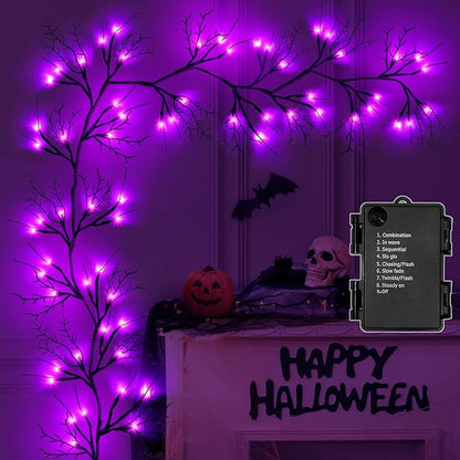 9 Ft 54 LED Halloween Willow Vine Twig Decor Garland Waterproof Battery Operated Halloween Decorations for Home Wall Mantle Fireplace Decor