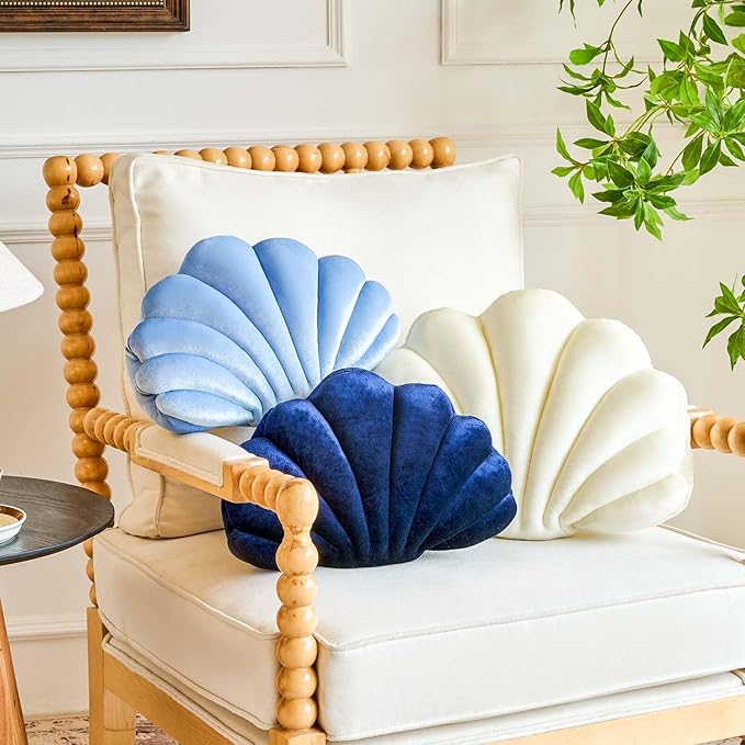 Dusty Blue Seashell Throw Pillows, Shell Shaped Throw Pillows, 13 Inch Soft Velvet Home Decorative Pillow Plush Cushion for Bed Couch Living Room Decor Accent Throw Pillow