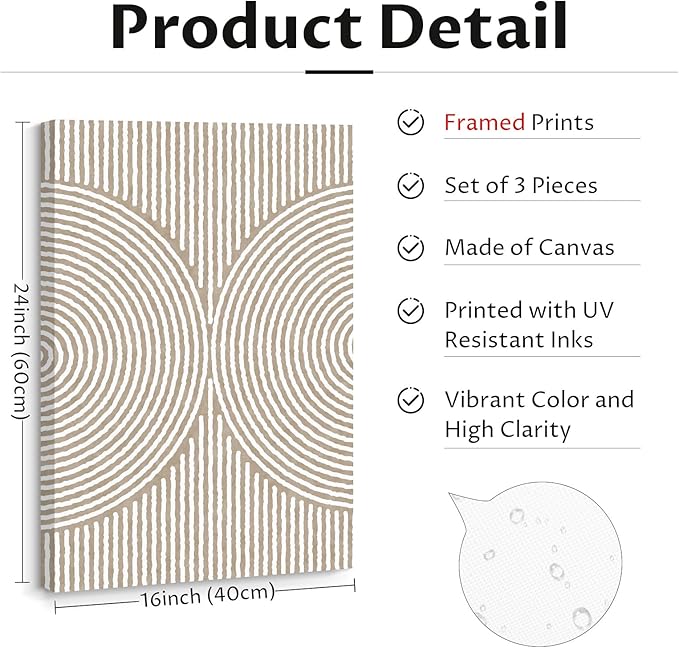 Boho Modern Wall Art Pictures Neutral Abstract Canvas Wall Decor Minimalist Line Wall Art Beige Brown Black Poster Mid Century Painting Artwork for Living Room Bedroom 16x24x3 Inch Wrapped Canvas