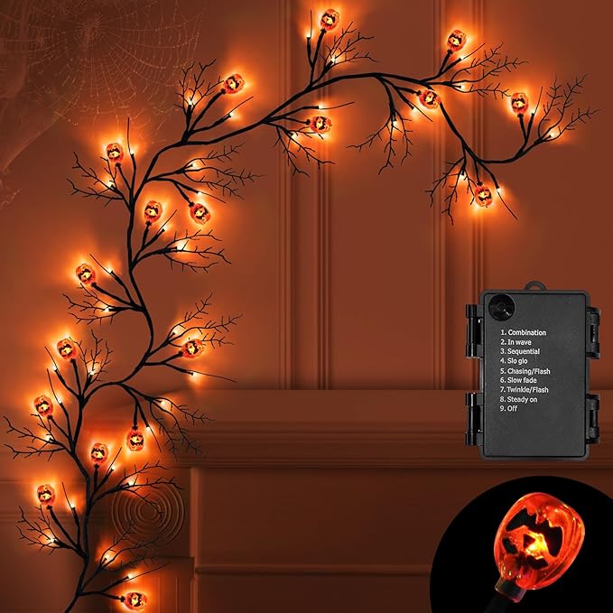 [ 8 Modes & Timer 6 Ft 54 LED Halloween Willow Vine Twig Decor Garland with 18 Pumpkins Orange Lights Waterproof Battery Operated Halloween Decorations for Home Wall Mantle Fireplace Decor