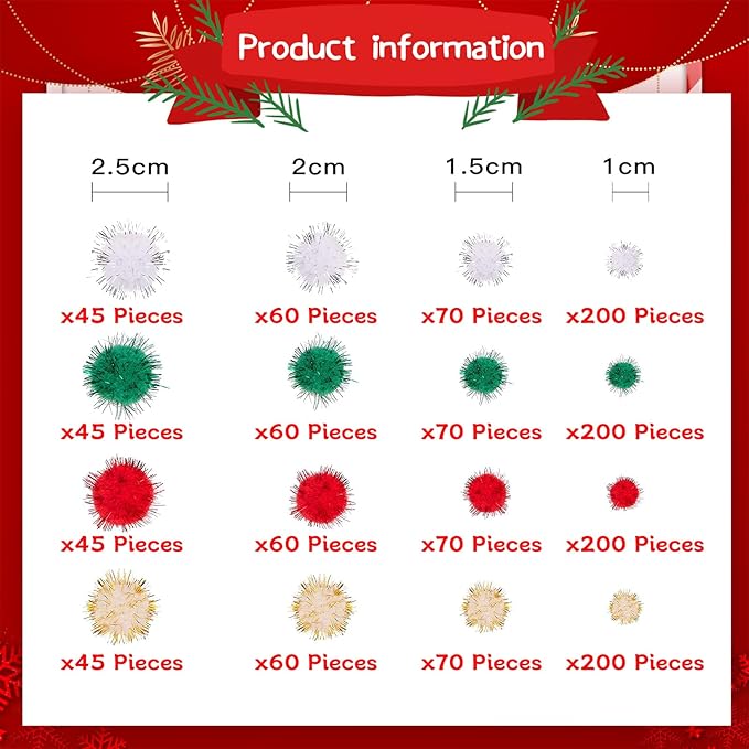 Allruyee 1500 Pieces Christmas Pom Pom Tinsel Glitter Pom Pom Balls for Crafts and Decorations(4 Sizes, Gold, White, Red, Green)