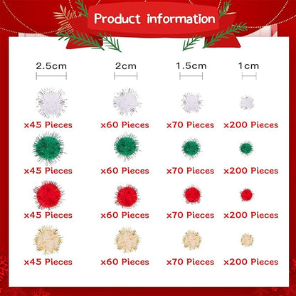Allruyee 1500 Pieces Christmas Pom Pom Tinsel Glitter Pom Pom Balls for Crafts and Decorations(4 Sizes, Gold, White, Red, Green)