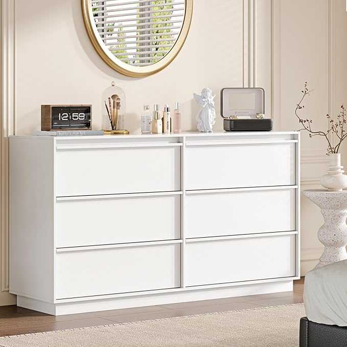 55.12" Modern Chest of Drawer, 6 Deep Drawers,Clothes Organizer,Large Storage Cabinet for Living Room, Bedroom,Dresser TV Stand, Wood Drawer Organizer for Living Room, Hallway,White