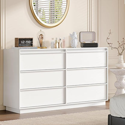 55.12" Modern Chest of Drawer, 6 Deep Drawers,Clothes Organizer,Large Storage Cabinet for Living Room, Bedroom,Dresser TV Stand, Wood Drawer Organizer for Living Room, Hallway,White