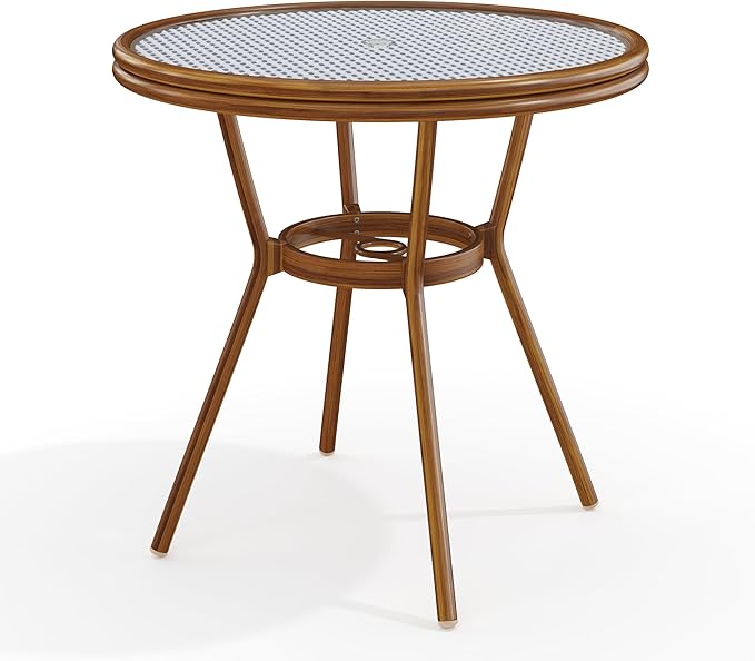 Martha Stewart Lily Pond 31” Round Indoor-Outdoor Bistro Dining Table with Aluminum Frame in Natural Woodgrain and Rattan Top in White/Navy with Tempered Glass Top