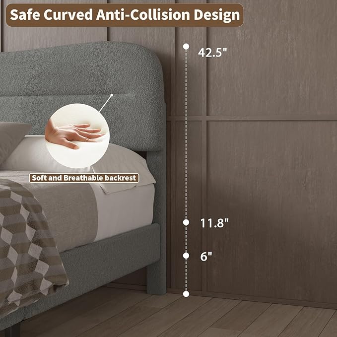 Queen Size Bed Frame with Headboard, upholstered Bed Frame Queen Size, Teddy Soft Boucle Fabric, Soft Cloud Marshmallow Shape Upholstered Headboard, No Box Spring Needed, Noise Free (Grey)