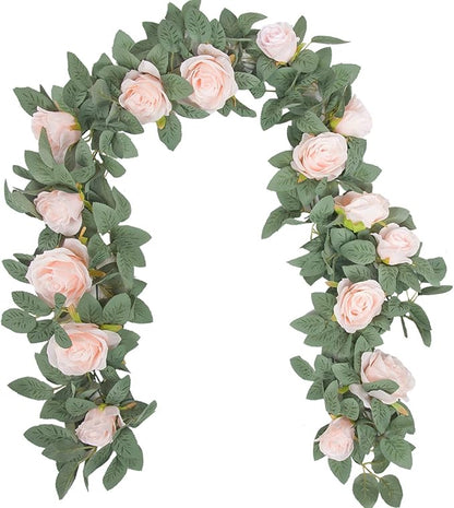 Der Rose 2 Pcs 13Ft Artificial Eucalyptus Flower Garland with Fake Silk Rose Flower Vine Rose Leaves Greenery Garland for Wedding Arch Table Wall Backdrop Party Room Decor (Pink)