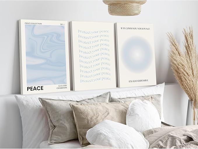 Blue Aura Wall Art Decor Retro Aesthetic Canvas Wall Art Pastel Abstract Pictures Prints Preppy Gradient Spiritual Poster Trendy Artwork Blue Painting for Room Bedroom 16x24 Inch Framed Set of 3