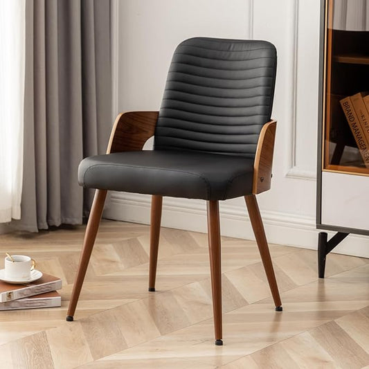 Dining Room Chairs,Mid Century Modern Kitchen Chairs,Upholstered Faux Leather Chairs,Metal Legs Wooden Desk Chairs,Armless and No Wheels for Kitchen Dining Living Room,Black,1PCS