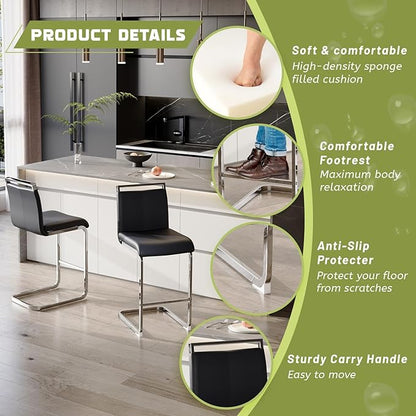 Bar Stools Set of 2,25" Counter Height Bar Stools with Footrest,Black Faux Leather Kitchen Stool with Chrome Plated Metal Leg,Counter Height Stool Ideal for Island Pub Kitchen Counter Dining Chair
