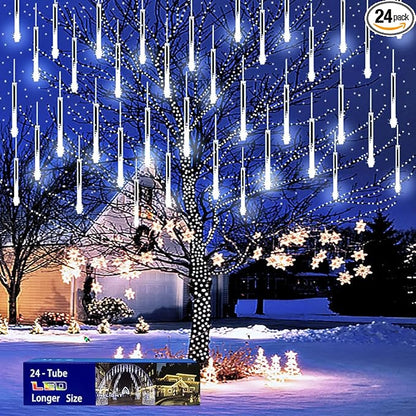 Outdoor Christmas Lights: 24Tubes(Equivalent to 3 Sets of 8-Tubes) Purtuemy Meteor Shower Lights Icicle White Christmas Lights Outdoor for Xmas Tree Halloween Decoration Wedding Party Window