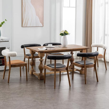 Wood Dining Chairs Set of 6, Mid Century Modern Living Room Chairs with Unique Curved Sherpa Open Back Comfy PU Upholstered Side Chair for Kitchen/Restaurant/Reception, Brown