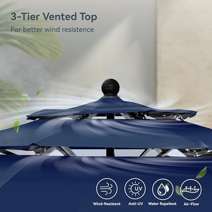 PHI VILLA 10ft Outdoor Patio Umbrellas for Outside, 3 Tier Vented Market Table Umbrella Windproof for Backyard, Deck, Garden, 1.5" Pole, Dark Blue（No Base）