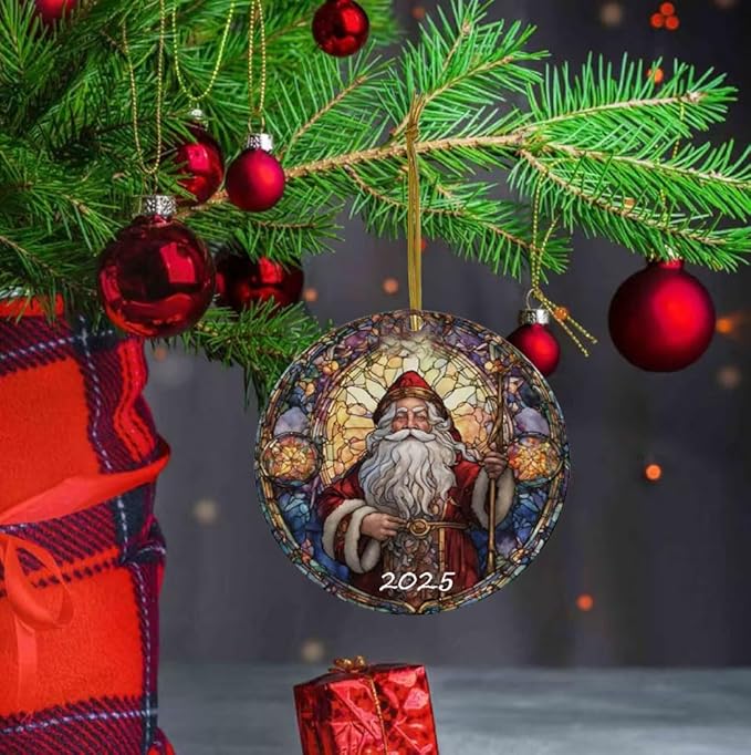 Santa Claus Ornaments 2025 in Stained Glass Style,2025 Christmas Ornaments, Round Fun Acrylic Decoration Gifts (Santa Claus)