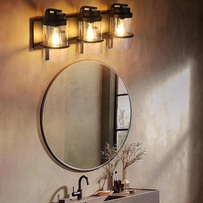 Bathroom Vanity Light Fixtures,Rustic Matte Black Vanity Lights 3 Bulb,Industrial Bathroom Light 3 Pack Sconce(Bulbs not Included)