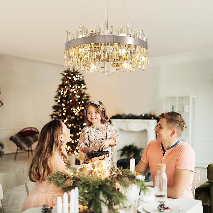 Siljoy 12-Light Modern Crystal Chandelier Round Brushed Nickel 2-Tier K9 Crystal Raindrop Chandelier Luxury Adjustable Hanging Ceiling Light Fixture for Living Dining Room Kitchen Island D23.6''