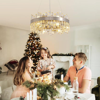 Siljoy 12-Light Modern Crystal Chandelier Round Brushed Nickel 2-Tier K9 Crystal Raindrop Chandelier Luxury Adjustable Hanging Ceiling Light Fixture for Living Dining Room Kitchen Island D23.6''