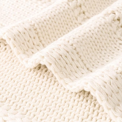 RECYCO Cable Knit Cream White Throw Blanket, Super Soft Warm Cozy Decorative Knitted Throw Blanket 2.3LB50"x60"