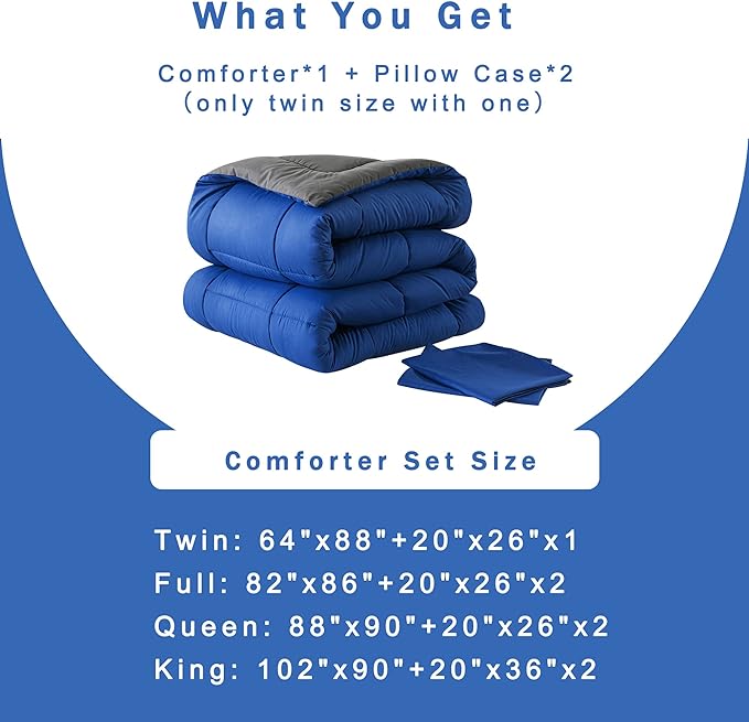 DOWNCOOL Blue/Grey Full Size Comforter Set - All Season Bedding with 2 Pillowcases - 3 Pieces Bed Set Down Alternative Comforter Set