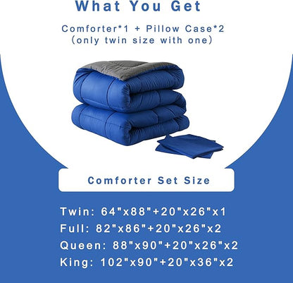 DOWNCOOL King Size Comforter Set -All Season Bedding Comforters Sets with 2 Pillow Cases -3 Pieces Bed Set Down Alternative King Bedding Set -Blue/Grey King Comforter Set(102"x90")