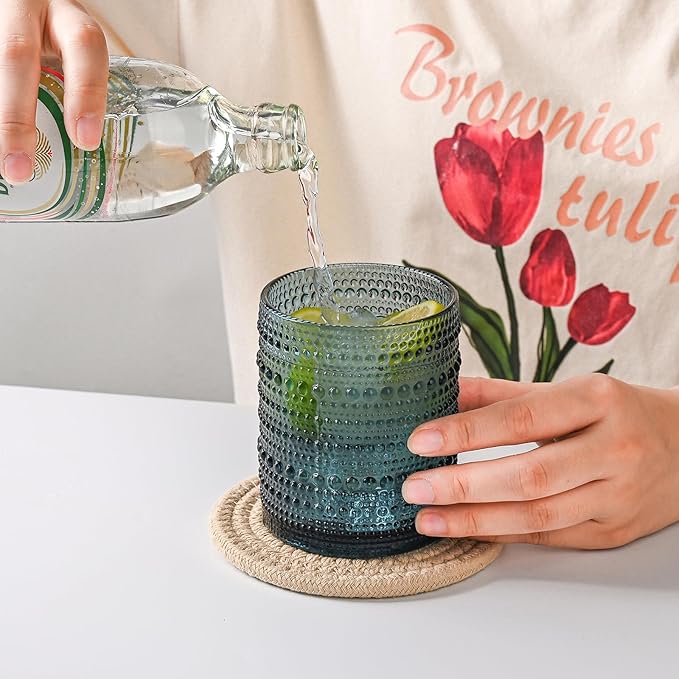 Vintage Glassware Drinking Glasses Set of 6,12 oz Hobnail Glass Cups,Embossed Blue Water Tumbler,for Beer,Cocktail,Whiskey,Juice and Various Mixed Drinks- 1 Cleaning Brush
