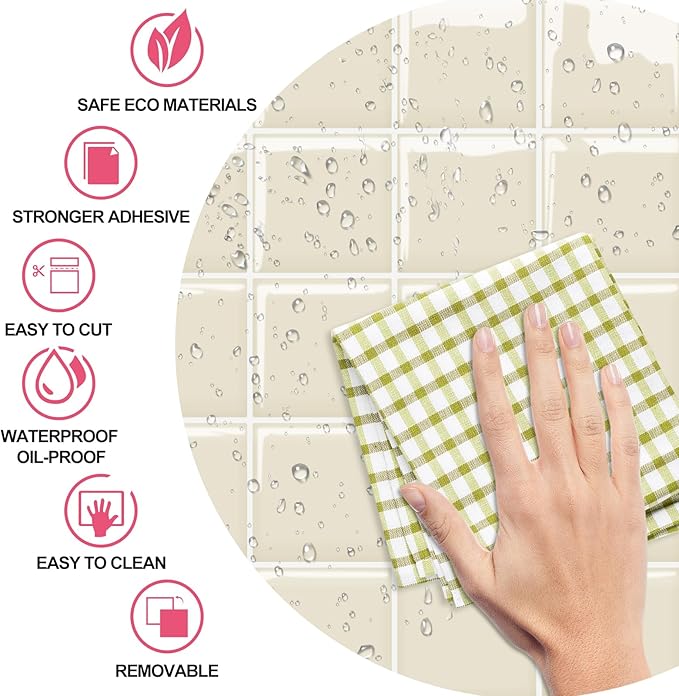 Alwayspon 10 Sheets 10"x10" Beige 3D Vinyl Backsplash Tiles, Self-Adhesive Peel and Stick Wall Tile Stickers Stick on Subway Tiles for Kitchen Bathroom Wall