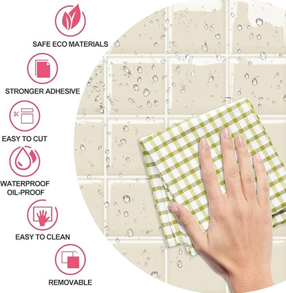 Alwayspon 10 Sheets 10"x10" Beige 3D Vinyl Backsplash Tiles, Self-Adhesive Peel and Stick Wall Tile Stickers Stick on Subway Tiles for Kitchen Bathroom Wall