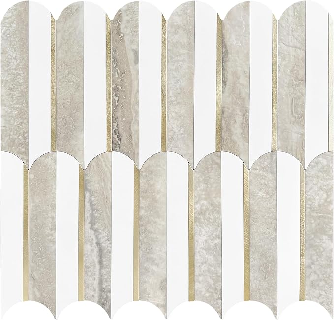 Vamos Tile Peel and Stick Backsplash Seamless Tile,1-Sheet Stick on Backsplash for Kitchen and Bathroom,White and Beige Slate PVC Mixed Metal Gold Self Adhesive Mosaic Tiles