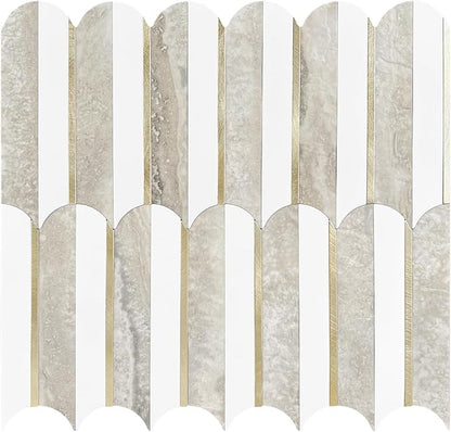 Vamos Tile Peel and Stick Backsplash Seamless Tile,1-Sheet Stick on Backsplash for Kitchen and Bathroom,White and Beige Slate PVC Mixed Metal Gold Self Adhesive Mosaic Tiles