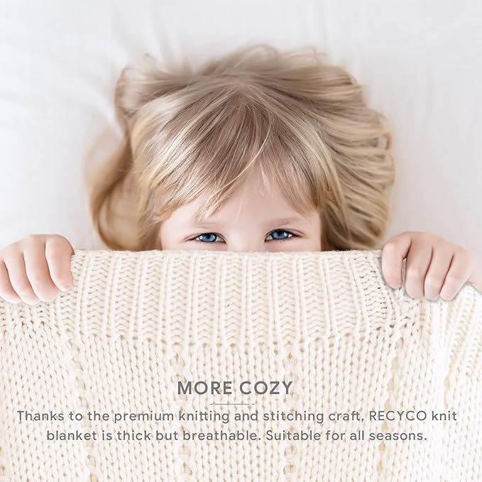 RECYCO Cable Knit Cream White Throw Blanket, Super Soft Warm Cozy Decorative Knitted Throw Blanket 2.3LB50"x60"
