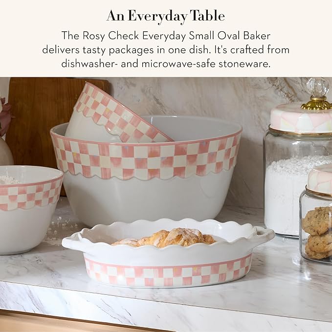 MACKENZIE-CHILDS Everyday Oval Casserole Baker, Cute Oven Baker, Small, Pink-and-White Rosy Check