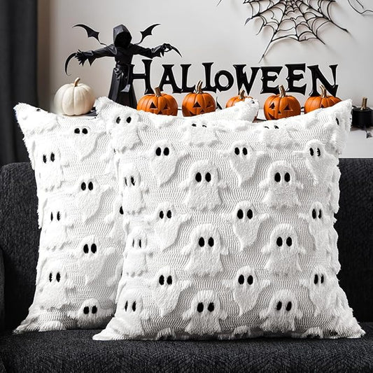 DFXSZ Halloween Pillow Covers 18x18 inch Set of 2 White Ghost Throw Pillow Cases Soft Plush Faux Fur Wool Cushion Case for Chair Bedroom Living Room Home Decor PTK03A18