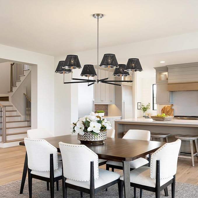 39" Boho Rattan Chandelier Large Adjustable Modern Black and Brushed Nickel Pendant Light for Kitchen Island Dining Living Room, UL Listed