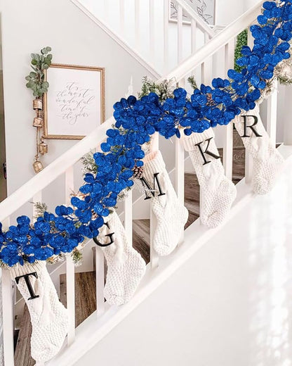 3 Pcs 6FT Christmas Garland Blue Glittered Artificial Eucalyptus Leaves for Mantle Christmas Tree Decorations Hanging Garland Ornaments Garden Table Shelf Door Window Wall Stair Holiday Home Decor