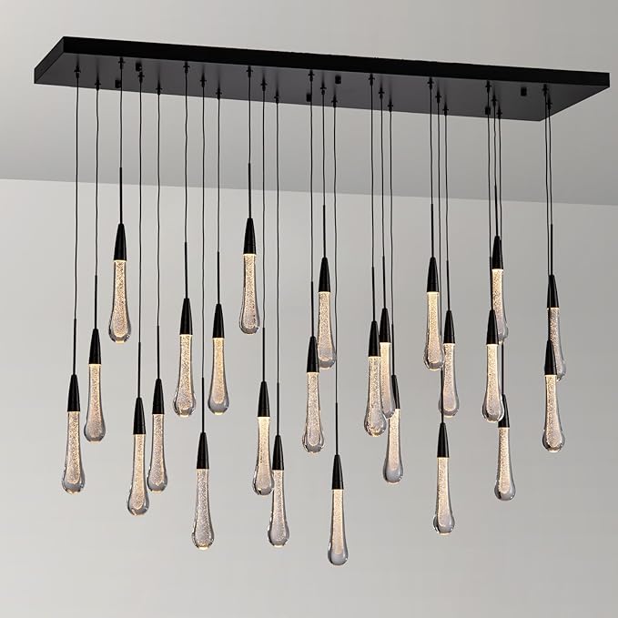 Black Rectangle Raindrop Chandelier with Glass，25-Lights Luxury Farmhouse Large Linear Chandeliers for Dining Room Over Table, Brass Pendant Ceiling Light Fixture for Kitchen Island