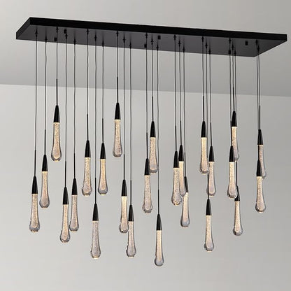 Black Rectangle Raindrop Chandelier with Glass，25-Lights Luxury Farmhouse Large Linear Chandeliers for Dining Room Over Table, Brass Pendant Ceiling Light Fixture for Kitchen Island