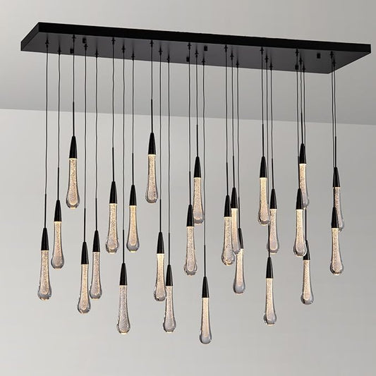 Black Rectangle Raindrop Chandelier with Glass，25-Lights Luxury Farmhouse Large Linear Chandeliers for Dining Room Over Table, Brass Pendant Ceiling Light Fixture for Kitchen Island