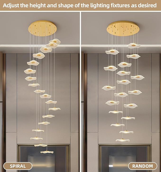ziidoo High Ceiling Chandelier - 18-Light Dimmable Modern Gold Long Spiral Luxury Linear Lotus Leaf Led Lamp Hanging Pendant Lights for Foyer Enterway Staircase Villas