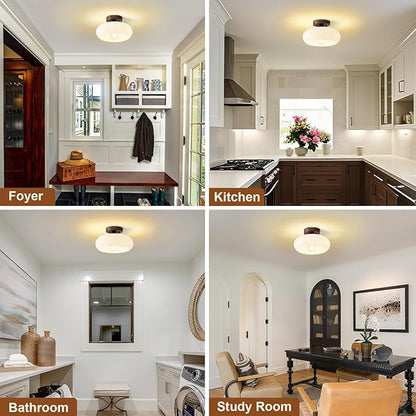 Mid-Century Modern Semi Flush Mount Ceiling Light, Faux Walnut Wood Kitchen Light Fixtures with Glass Shade, Vintage White Close to Ceiling Lamp for Entryway Hallway Bathroom (11.0 Inch)