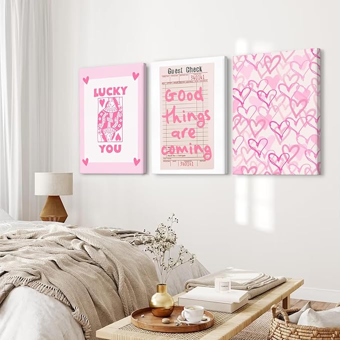 Lucky You Pink Wall Art Guest Check Preppy Wall Decor Trendy Aesthetic Canvas Wall Art Funky Retro Poster Hearts Cute Picture Prints Inspirational Artwork for Room Bedroom 16x24 Inch Framed Set of 3