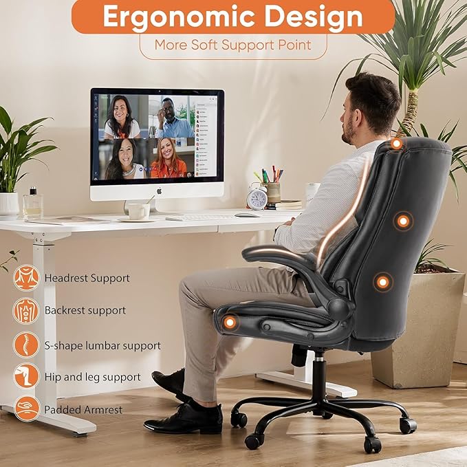 Sweetcrispy Computer Gaming Chair, Ergonomic High Back Heavy Duty Task Desk Office Chairs with Wheels, Flip-up Arms, Adjustable Height, PU Leather,Inky