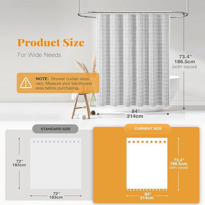 BTTN 84 Inch Wide Shower Curtain - W84xH72 Inch Linen Boho Farmhouse Fabric Shower Curtain Set with 14 Plastic Hooks, Large Country Thick Water-Resistant Cloth Bath Curtains for Bathroom - Grey/Gray