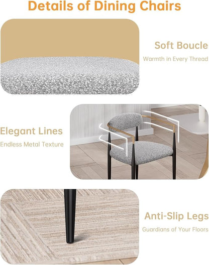Morden Fort Modern Boucle Dining Chairs Set of 2, Grey Upholstered Dining Chairs with Black Metal Legs and Gold Armrest, for Kitchen, Living Room and Café