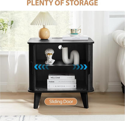 24 Inch Wood Nightstands Set of 2, Mid-Century Modern End Table with Charging Station 2AC+3USB, BedSide Table with Storage & Sliding Door (2XSquare, Black)