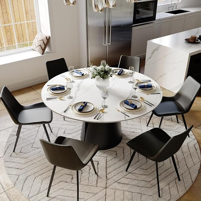 POVISON 59" Modern Round Dining Table, Marble Round Dining Room Table for 6, Matte White Sintered Stone Tabletop with Black Carbon Steel Pedestal, Circle Dining Table for Kitchen Room (Table Only)