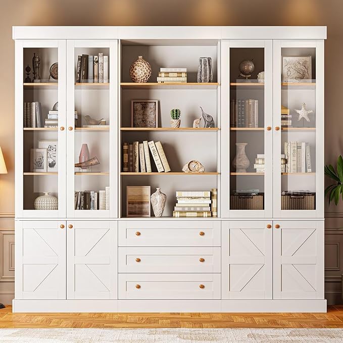 Vyre 71" Tall Modular Farmhouse Bookcase with Glass Doors & Drawers, Set of 3 – Large Storage Cabinet with Adjustable Shelves for Living Room or Kitchen, White